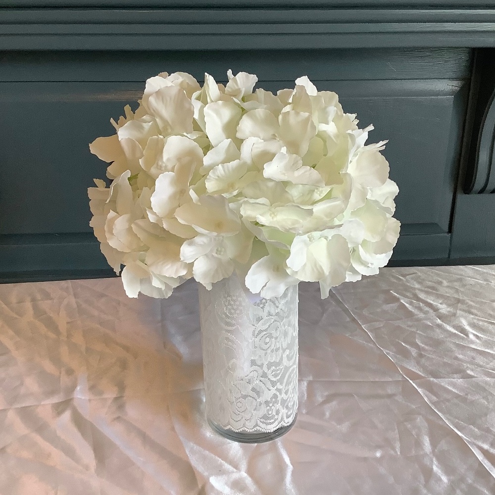 cylinder glass vase embellished with white floral lace